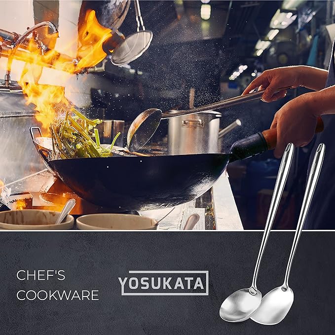 YOSUKATA 17?쇺?Wok Spatula and Ladle - Set of 2 Heat-Resistant Wok Tools - Universal Wok Ladle and Spatula - High-Grade 304 Stainless Steel Cooking Utensils and Wok Accessories - Solid Wok Utensils