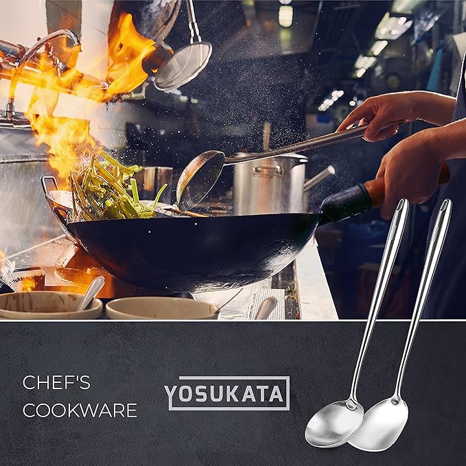 YOSUKATA 14" Carbon Steel Wok Pan Set - Pre-Seasoned, 17" Wok Spatula & Ladle - Heat-Resistant, Dishwasher Safe