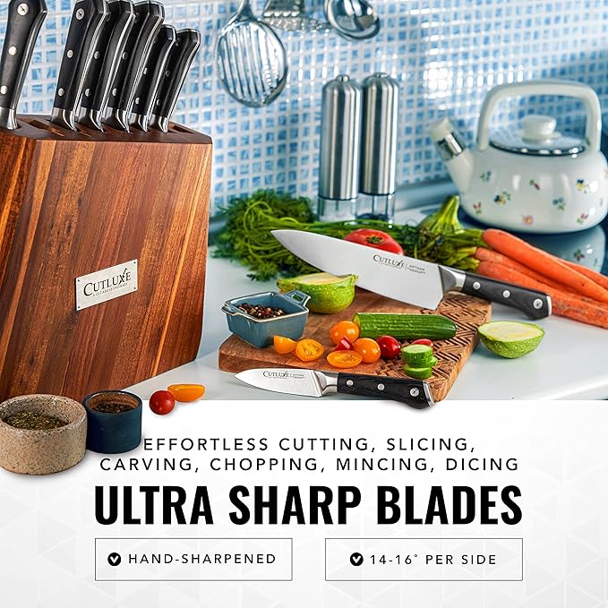 Cutluxe Kitchen Knife Set ??8 Pcs Professional Chef Knife Set with Block ??Razor Sharp Knives with Full Tang Design, High Carbon German Steel, Natural Acacia Wood Block ??Artisan Series