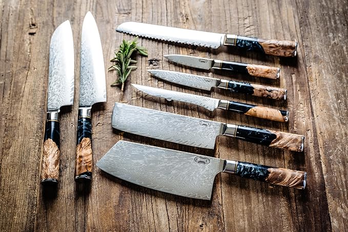 Epicurean Cook 8-Piece Damascus Knife Set with Japanese VG10 Steel Core - Ultra Sharp Kitchen Knives with 67 Layers of Damascus Steel - Burl Wood Black Resin Handles