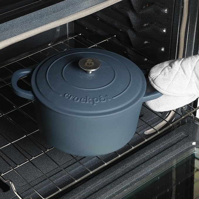 Crock-Pot Artisan 5-Quart Round European Enameled Cast Iron Dutch Oven with Lid ??Matte Navy Blue, Durable Oven Safe Cookware