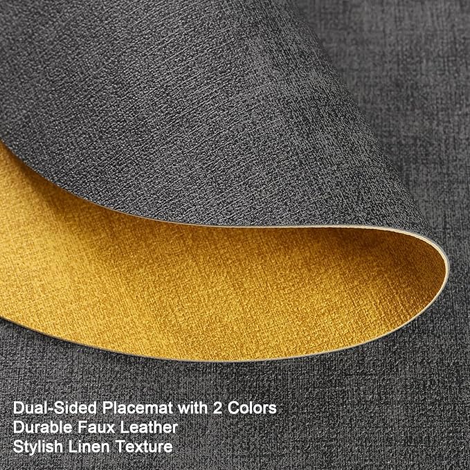 Myir JUN Round Placemats, Dual Sided Faux Leather Place Mats Set of 4 Indoor/Outdoor Non-Slip Washable Table Mats (Gray Yellow)