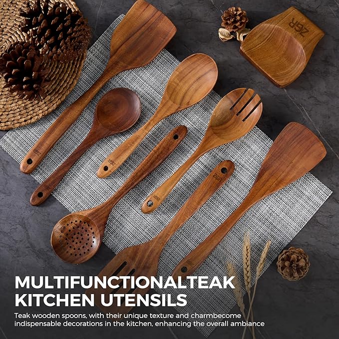 Wooden Spoons for Cooking -9pcs Kitchen Utensils Set with Utensil Holder & Spoon Rest -Teak Wood Spatula - Non Toxic Cooking Utensils -Heat Resistant Spatulas for Kitchen Use -NonStick Wooden Spatula