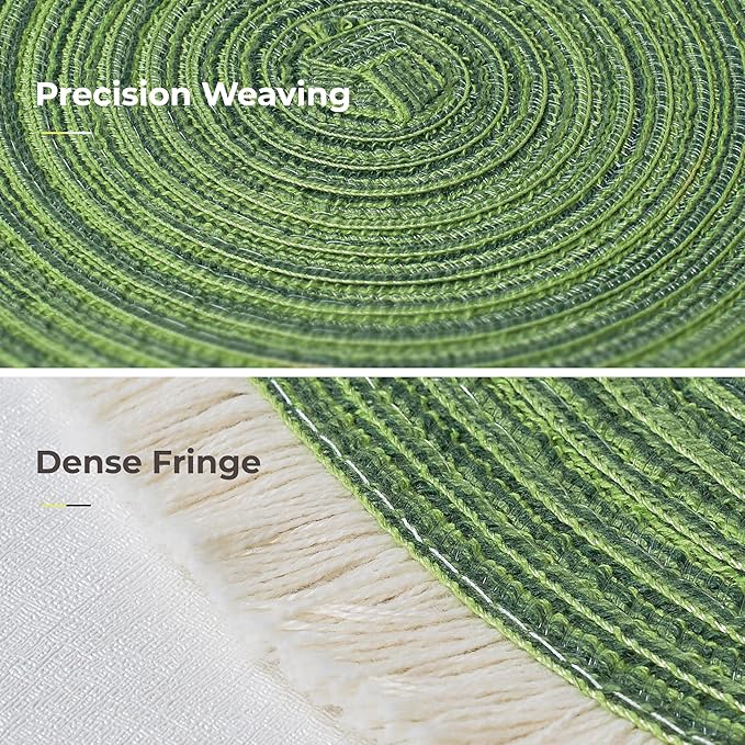 Leetaltree 15 Inch Boho Braided Christmas Placemats Set of 6 - Round Cotton Table Mats with Tassel Fringe Washable & Heat Resistant for Dining Table, Farmhouse Kitchen Decor(Green,Set of 6)