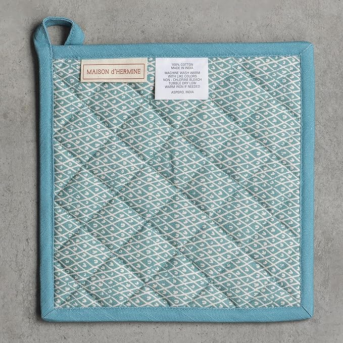 Maison d' Hermine Pot Holders Set 100% Cotton Heat Resistant Potholders 8" x 8" Hot Pads with Loop BBQ, Cooking, Baking, Grilling, Kitchen, Handling Hot Pans Spring/Summer (Pack of 2, Marquise)