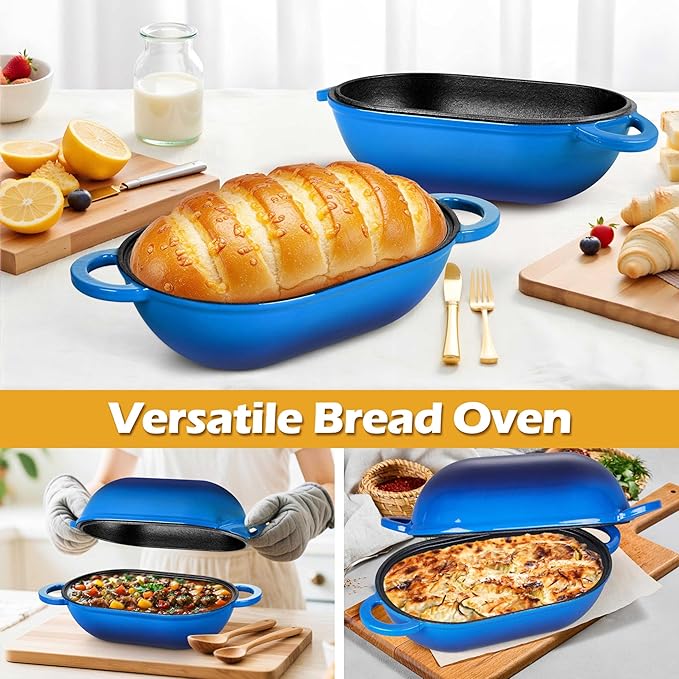 Homikit Enameled Cast Iron Dutch Oven for Bread Baking, 2.8 QT Oval Bread Oven Pot with Lid, Sourdough Loaf Iron Dutch Oven Pan for Roasting Cooking, Blue & Heavy Duty