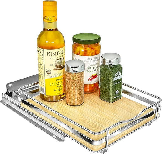 LYNK PROFESSIONAL짰 횋lite??Pull Out Spice Rack Organizer for Inside Kitchen Cabinets - 8-3/8 inch Wide - Slide Out Drawer ??Wood/Chrome Sliding Spice Cabinet Organization Shelf Racks - 1 Tier