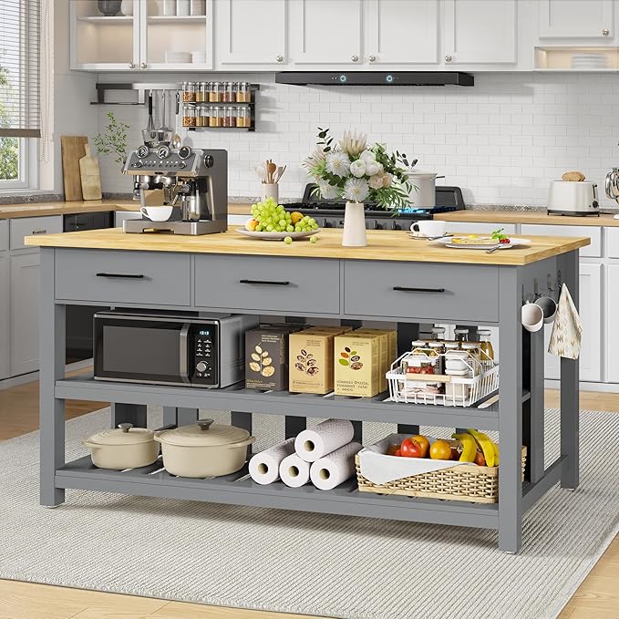 60" Solid Rubberwood Kitchen Island with Power Outlets - Extra Large Work Surface, 3 Drawers & 2 Open Shelves Storage Cabinet for Kitchen Dining Room, Farmhouse Style (Grey)