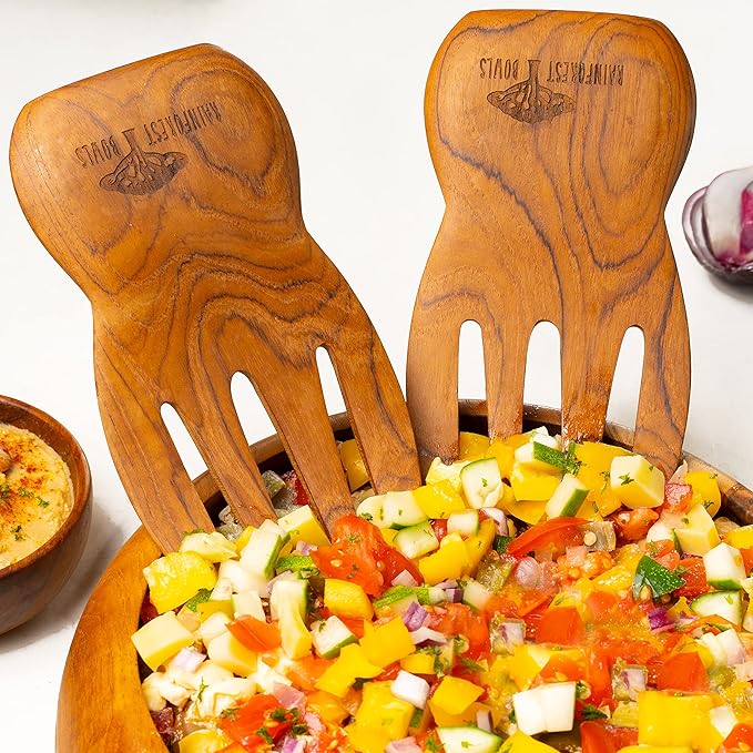 Rainforest Bowls Javanese Teak Wood Salad Serving Hands - Perfect for Mixing, Tossing & Serving Salad - Ultra-Durable- Premium Wooden Design Handcrafted by Indonesian Artisans