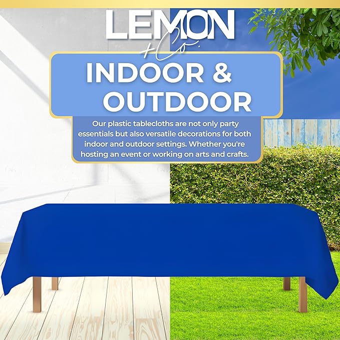 LEMON + Co. Blue Rectangle Table Cover Disposable Plastic Tablecloth 54 Inch. x 108 Inch. Premium Decorative Rectangle Table Cover 10 Pack