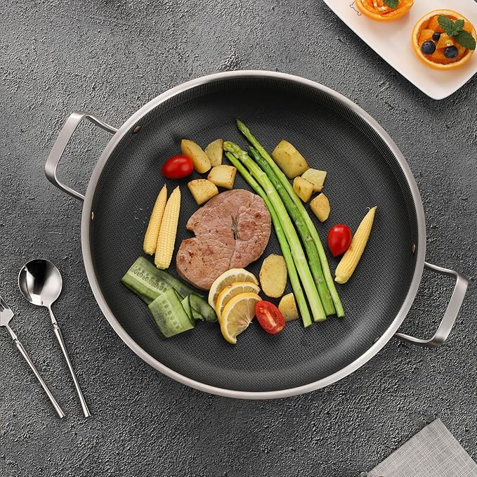 Tri-Ply Stainless Steel Paella Pan Large Saute Pan with Lid (Stainless Steel, Hybrid 13.5 INCH)