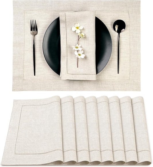 D'Moksha Homes Light Natural Linen Cloth Placemats Set of 8-100% Pure Linen Hemstitch Placemats 14 x 19 Inch - Classic Hemstitch Table Place Mats for Valentines, Easter - Machine Washable