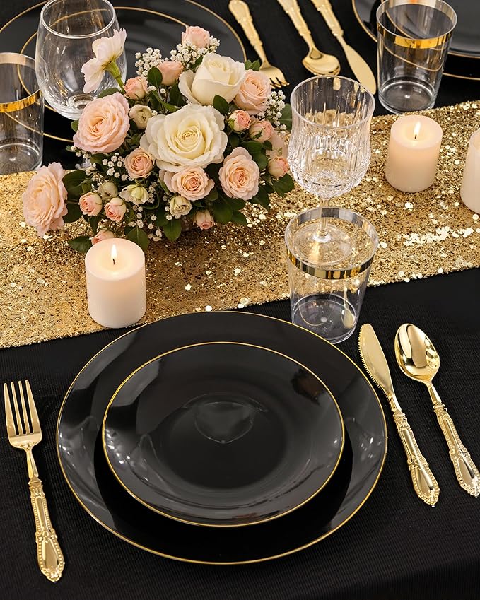 Nervure 100PCS Black and Gold Plastic Plates - 10.25 inch Black Disposable Plates - Gold Rim Dinner Plate - Black Dinner Plate Ideal for Wedding & Party & New Year