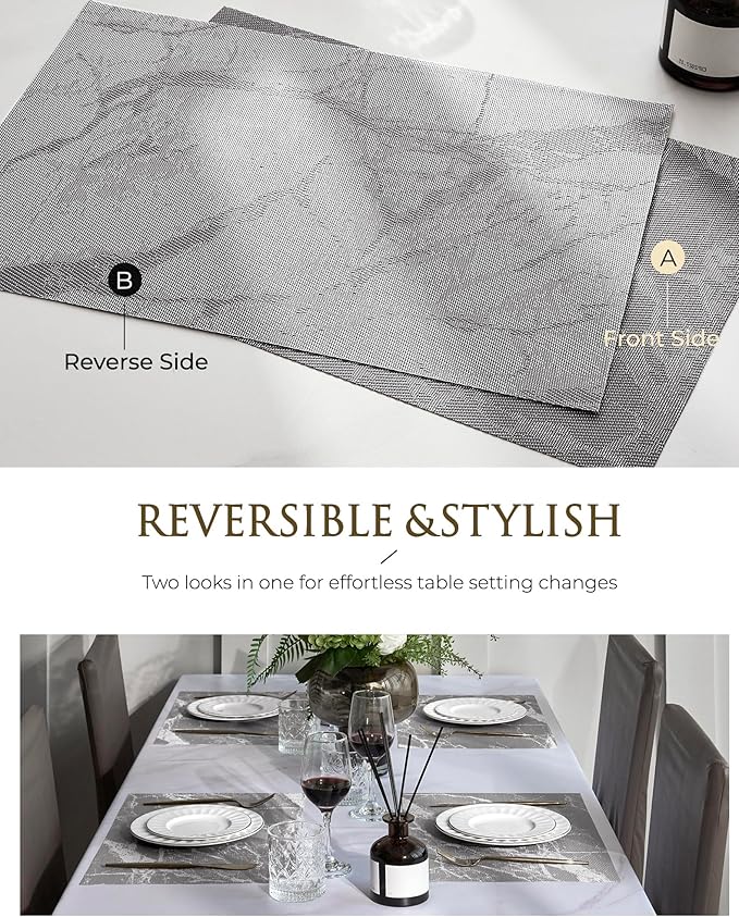 Leetaltree Reversible Marble Placemats Set of 6 ??Ships Flat and Stays Flat, Durable Washable Vinyl PVC Placemats, Heat Resistant, Easy Wipe Clean (Gray Marble Pattern)