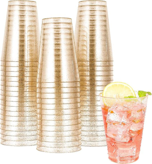 JOLLY CHEF 14 oz 50 Pack Gold Plastic Cups, Disposable Gold Glitter Plastic Cups Tumblers, Ideal for Wedding Halloween, Thanksgiving, Christmas Parties