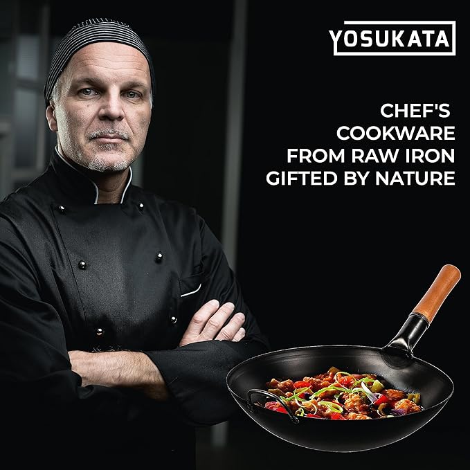YOSUKATA 14" Carbon Steel Wok with Round Bottom ??Pre-Seasoned Pow Wok for Stir Fry ??Traditional Chinese Japanese Black Steel Pan ??Outdoor Cookware for Gas Stovetops, Open Fire, BBQ, Camping