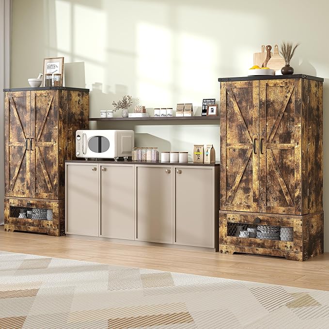 Pantry Cabinets with Adjustable Shelves and Drawer, Farmhouse Kitchen Pantry Storage Cabinet, Buffet Cupboards Sideboard for Kitchen, Dining Room, Living Room Use (Brown, 16" D x 24" W x 47" H)