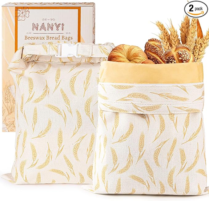 2-Pack Reusable Beeswax Bread Bags for Sourdough & Homemade Bread竊똂otton Waxed Bags Keeps Fresh Longer(Golden Wheat)