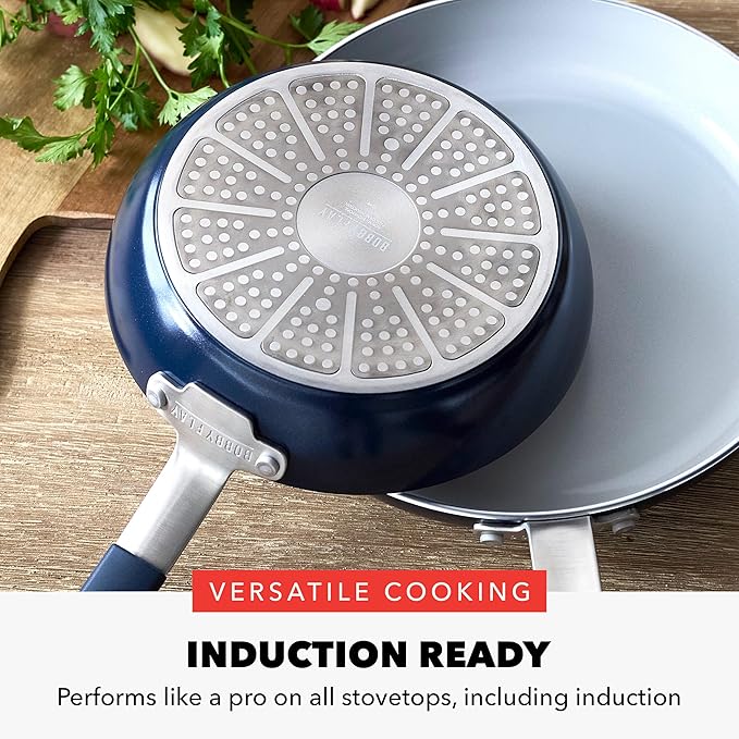GreenPan x Bobby Flay 2 Piece- 8??and 10??Nonstick Frying Pan Skillet Set, PFAS-Free Diamond Ceramic, Induction Suitable, Stay-Cool Silicone Handle, Easy Clean Dishwasher & Oven Safe, Oxford Blue