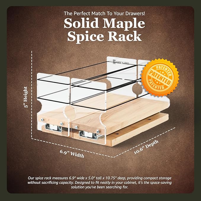 Vertical Spice Solid Maple Storage Rack Drawer - Sliding Spice Rack - Pantry Organizers and Storage - Kitchen Cabinet Organizer - Pull Out Shelf - Made in USA - 2 Drawers (6.9" W x 5.0" H x 10.6" D)