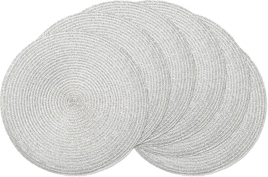 AHHFSMEI Round Braided Placemats 15 Inch Round Table Mats for Dining Tables Natural Woven Heat Resistant Place mats Set of 6 (Silver Shine)