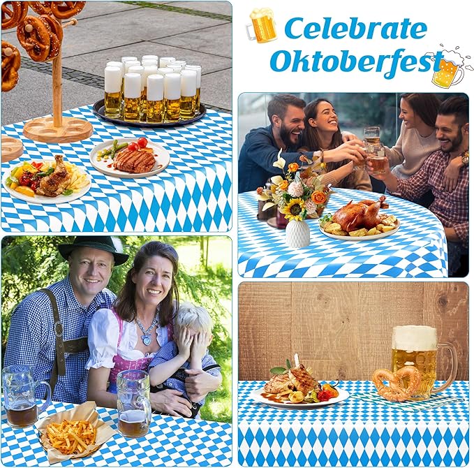 QZYL 3 PCS Oktoberfest Tablecover, 54 X 108 in Disposable Plastic Beer Festival Party Supplies, Rectangular Blue White Checkered Tablecloth, Oktoberfest Decorations for Kitchen Dining Party Holiday