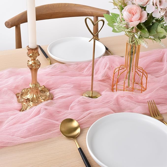 Joanlody Blushing Pink Cheesecloth Table Runner Spring Easter 10Ft Rustic Gauze Boho Cheese Cloth Table Runner for Wedding Bridal Baby Shower Decoration 6 Pack