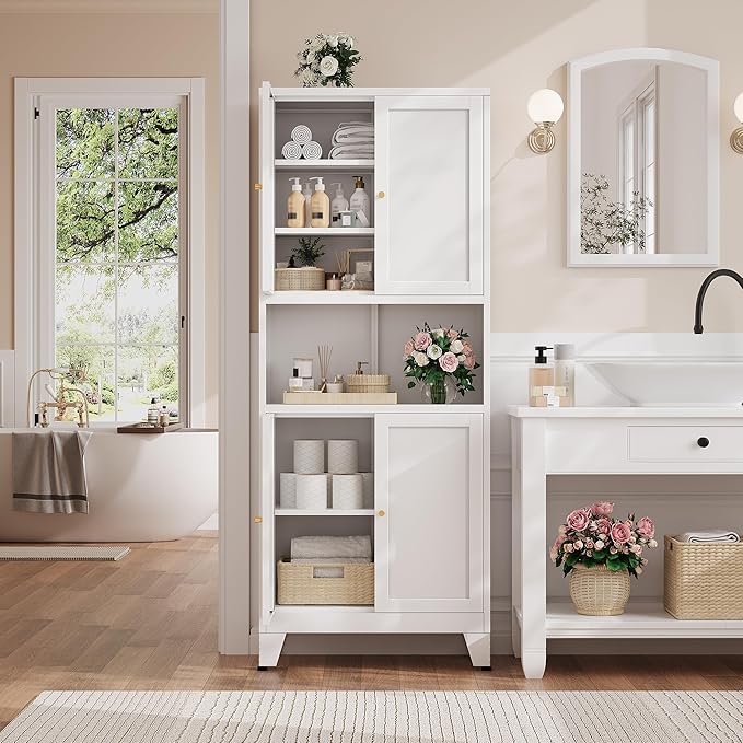 69"H Kitchen Pantry Cabinet with Countertop and Microwave Shelf,Metal Microwave Stand Cabinet with Storage竊똚hite Farmhouse Food Storage cabinet,Tall Freestanding Pantry Cabinets for Dining Room