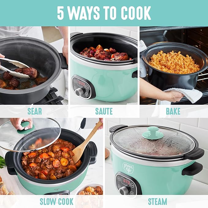 GreenLife 8QT Slow Cooker, Non-Toxic PFAS-Free Ceramic Nonstick Removable Interior Bowl, Programmable, Family Friendly, Keep Warm, Stovetop & Oven Safe, Dishwasher Safe Crock, Glass Lid, Turquoise