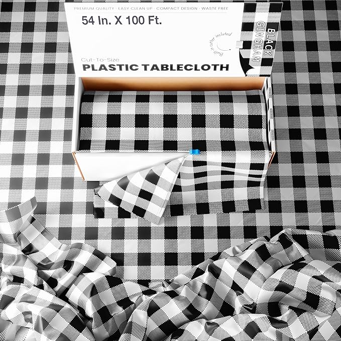 Party Solids 54 Inch X 100 Feet Black Gingham Plastic Table Cover Roll in A Cut - to - Size Box with Convenient Slide Cutter. Cuts Up to 12 Rectangle 8 Feet Plastic Disposable Tablecloths