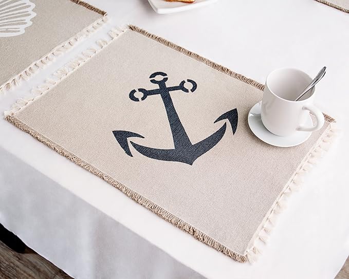 Living Fashions Table Placemats Set Of 4 - Beach Themed Nautical Kitchen Placemats For Dining Table - 100% Washable Cotton Place Mat- Seashell, Sand Dollar, Starfish & Anchor Designs With Fringes