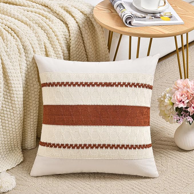 Fancy Homi Set of 2 Rust Boho Big Decorative Throw Pillow Covers 24x24 Inch for Couch Bed Sofa, Aesthetic Modern Organic Fall Room Decor, Soft Cotton Terracotta Textured Farmhouse Cushion Case