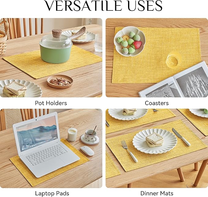 Softalker Faux Linen Placemats Set of 6-12 x 18 Inch, Heat Resistant Double Layered Durable Burlap Farmhouse Place Mats, Non-Slip Washable Rustic Table Mats for Dining, Kitchen, Party竊늍ellow