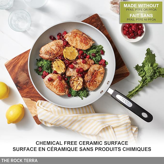Starfrit The Rock Terra 30cm (12'') Ceramic Non-Stick Deep Fry Pan With Lid - Thick Aluminium Base - PFAS Free - Easy to Clean - Grey