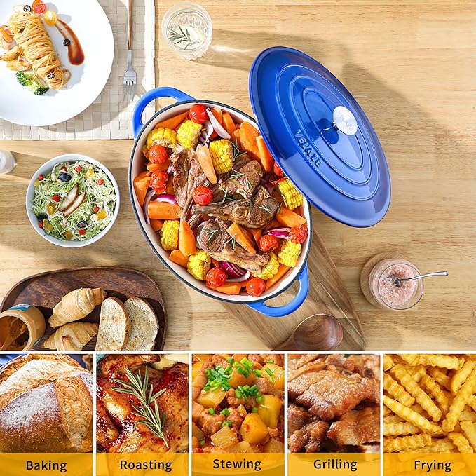 Velaze 7.5 QT Enameled Oval Dutch Oven Pot with Lid, Cast Iron Dutch Oven with Dual Handles for Bread Baking, Cooking, Frying, Non-stick Enamel Coated Cookware竊뉰lue)