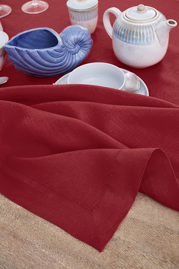 Solino Home Red Linen Tablecloth 60 x 132 Inch - 100% Pure Linen Hemstitch Table Cloth for Rectangle Tables - Classic Hemstitch, Machine Washable Tablecloth for Valentines, Winter
