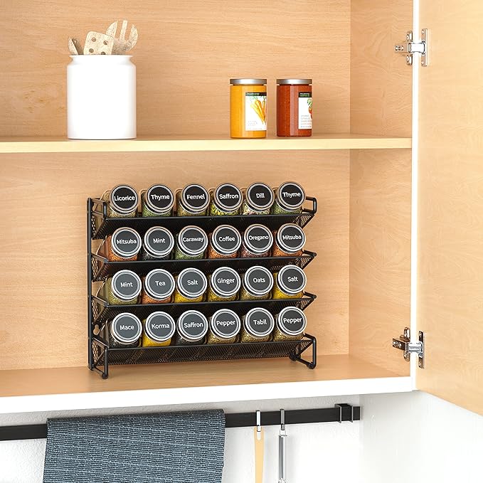 SpaceAid Spice Rack Organizer with 24 Spice Jars, 386 Spice Labels, Chalk Marker and Funnel Set for Cabinet, Countertop, Pantry, Cupboard or Door & Wall Mount -24 Jars, 11.8" W 횞 10.8" H, Black