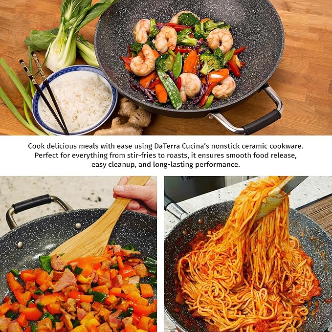 DaTerra Cucina - Nonstick Ceramic Wok with Lid - Made in Italy - High Heat Resistant Nonstick Cookware - Oven Safe, PTFE, Cadmium, Lead & PFOA free - Volcanic Black Speckled 13