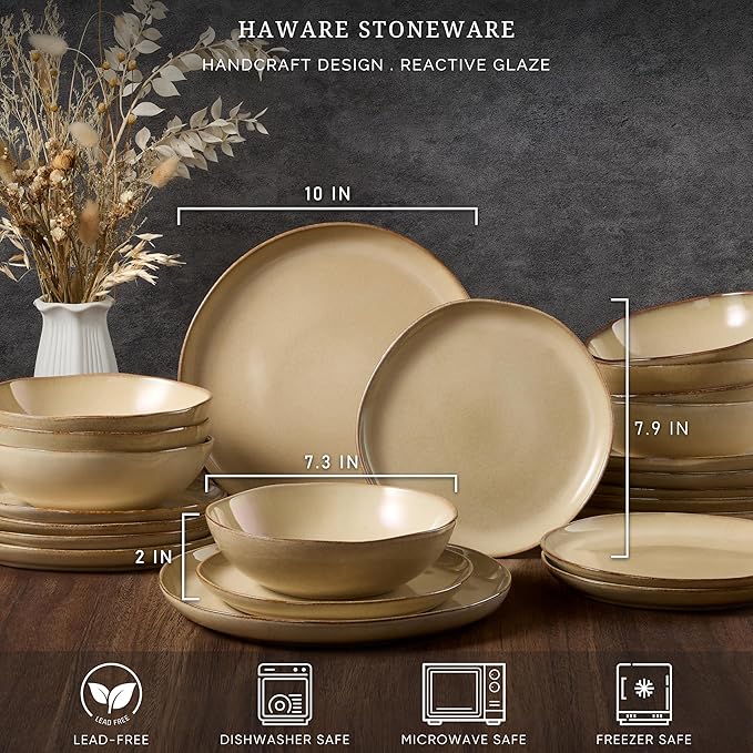 HaWare Plates and Bowls Set, Stoneware Dinnerware Sets, 18-Piece Hand-painted Dishware for 6, Scratch Resistant Ceramic Dinner Set for Home Kitchen, Microwave and Dishwasher Safe, Reactive Sandy Khaki