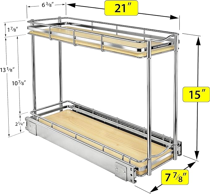 LYNK PROFESSIONAL짰 횋lite??Pull Out Spice Rack Organizer for Inside Kitchen Cabinets - 6"x21" - Slide Out Drawer ??Wood/Chrome Sliding Spice Cabinet Organization Shelf Racks - 2 Tier