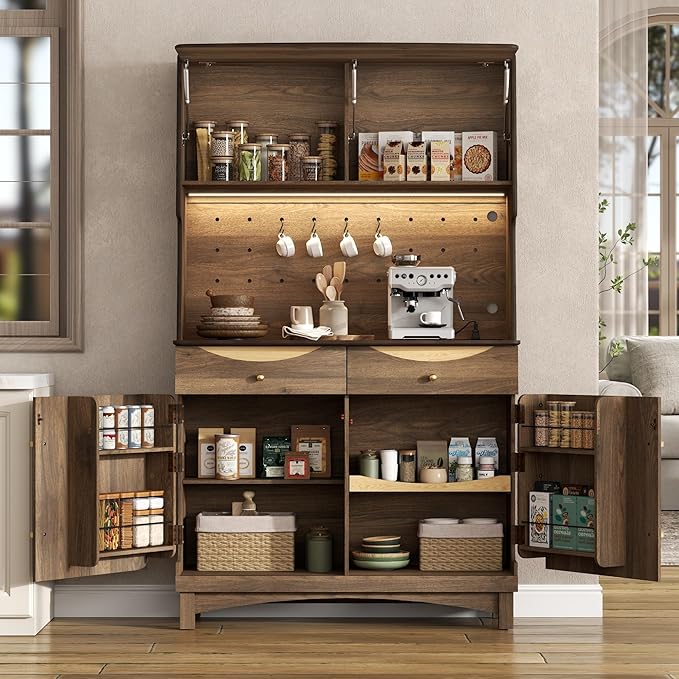 STO'SENSE 72?쇺?Kitchen Pantry Cabinet w/Power Outlets, Tall Storage Cabinet w/LED Light, FILP-up Door & Pegboard, Freestanding Kitchen Hutch w/Drawers, Solid Wood Handles (Walnut)