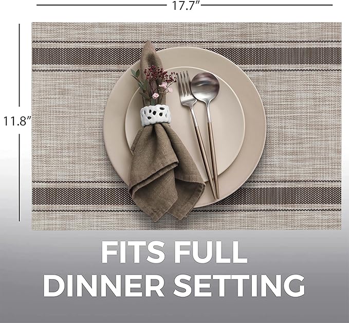 More D챕cor Dining Table Placemats, Washable Heat-Resistant PVC Vinyl Table Mats for Dining Room and Kitchen, Anti-Slip - Set of 4 - Horizontal Striped Bown - Beige