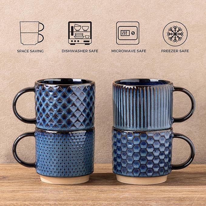 GBhome 12 OZ Stackable Coffee Mugs, Ceramic Coffee Mugs with Texture Patterns for Man,Woman,Dad,Mom, Modern Coffee Mugs Set of 4 for Latte/Cappuccino/Cocoa. Dishwasher&Microwave Safe