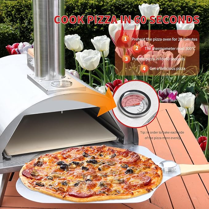 Rixordd 12" Wood Pellet Pizza Oven ??Portable Stainless Steel Outdoor Pizza Maker with Built-In Thermometer, Foldable Legs, Carry Handle & Cordierite Pizza Stone for Backyard, Patio & Camping