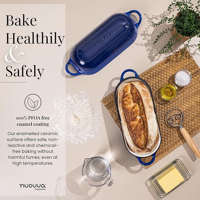 Enamelled Cast Iron Bread Loaf Pot ??Dutch Oven For Sourdough Bread Baking ??Oven Safe Non Stick Bread Pot ??Rectangular, Dark Blue, 34cm x 16cm ??by Nuovva