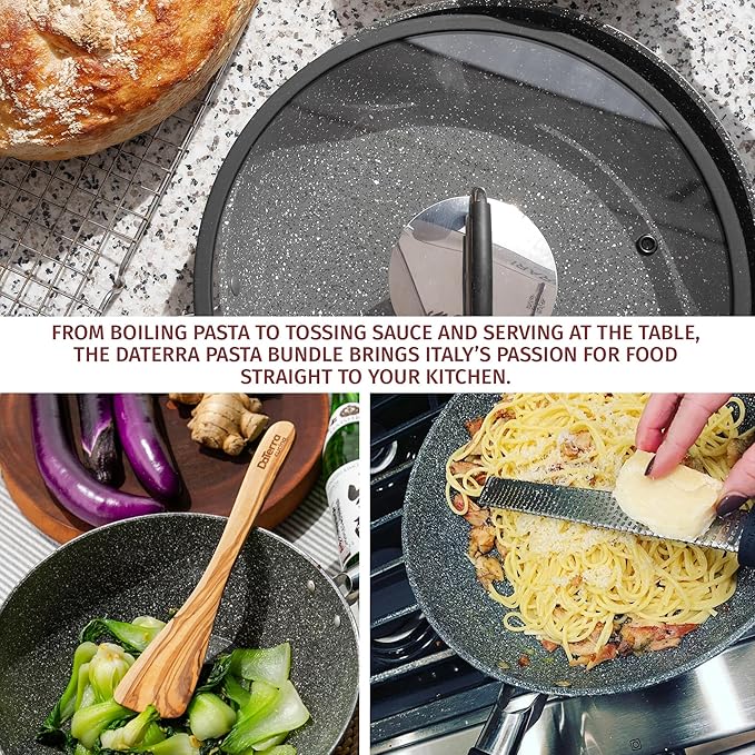 DaTerra Cucina - 8 Qt, 11??Nonstick Pasta Bundle ??Dutch Oven with Lid, Frying Pan with Lid, and Olive Wood Cooking Utensils | Made in Italy