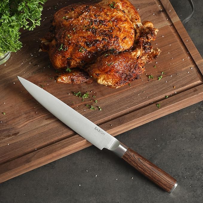 Babish 8-Inch Carving Knife ??High-Carbon 1.4116 German Steel Slicing Knife with Dark Pakka Wood Handle, Full-Tang Razor Sharp Blade for Carving Meat, Turkey, Roast & BBQ