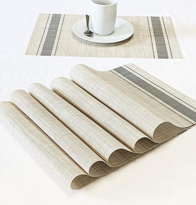 Set of 12 PVC Dark Gray Vinyl Woven Place mats, 12" x 18" Heat Insulation Stain Resistant Placemats for Kitchen-Dining Table Durable Cross Weave Woven Vinyl Kitchen Table Mats Placemat (Dark Gray)