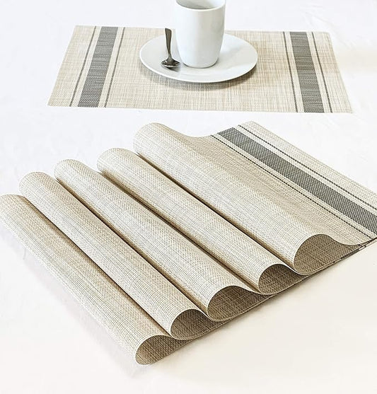 Set of 12 PVC Dark Gray Vinyl Woven Place mats, 12" x 18" Heat Insulation Stain Resistant Placemats for Kitchen-Dining Table Durable Cross Weave Woven Vinyl Kitchen Table Mats Placemat (Dark Gray)