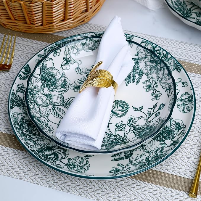 12-Piece Floral Porcelain Dinnerware Set, Service for 4, Green Pattern Plates and Bowls, Microwave and Dishwasher Safe